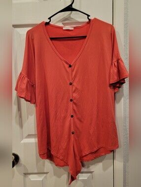 Reborn J Coral Button-Front Ruffle Sleeve Top